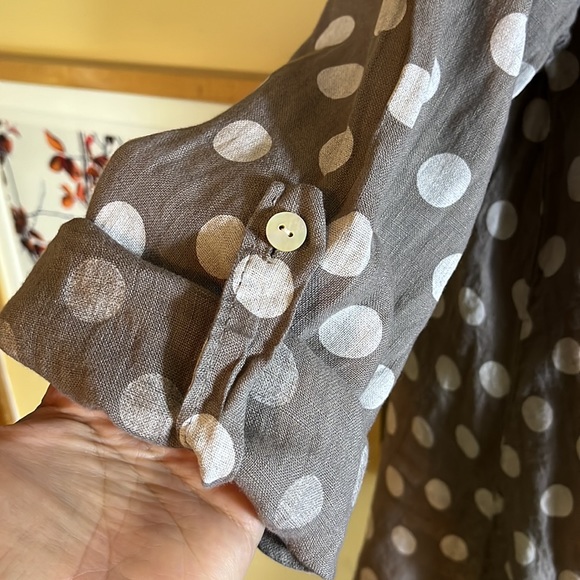 ITALY 100% Linen Trapeeze Blouse Polka Dots Gray & White - Picture 8 of 13